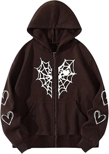 Y2K Gothic Spider Web Heart-shaped Print Hoodied Pullover Punk Zip Up Jacket Coat Harajuku Loose Oversized Streetwear thumbnail 7