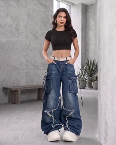 Hugboom Women's Baggy Jeans Star Cargo Pants with Pockets Wide Leg Denim Jeans Y2k for Women Girls Cute Streetwear Blue M thumbnail 3