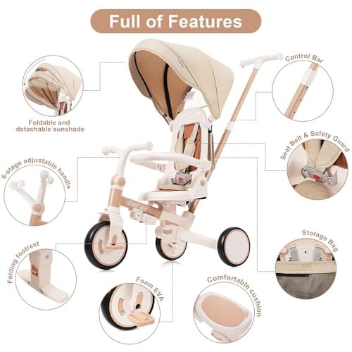 Foldable Toddler 7-in-1 Tricycle, Canopy, and Guardrail Parent Push Handle Ages 1-6 Years thumbnail 7