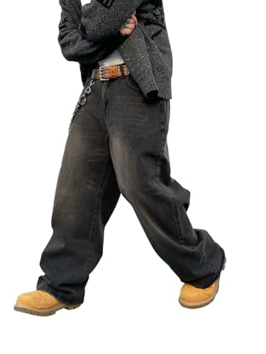 DFGIGT Men's Baggy Hip Hop Jeans Wide Leg Skater Denim Pants Casual Loose Fit Long Trousers Streetwear Jinco Oversized Relaxed Y2k 2000s Extreme Motion Skateboard,A10 Black,Medium - Image 1