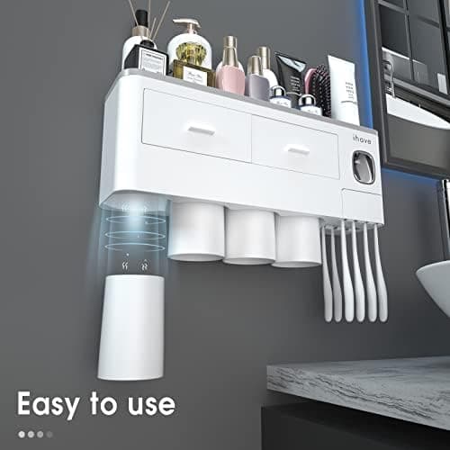 iHave Toothbrush Holders for Bathrooms, 4 Cups Toothbrush Holder Wall Mounted with Toothpaste Dispenser - Large Capacity Tray, 2 Cosmetic Drawer - Bathroom Organizer & Bathroom Accessories Set thumbnail 4