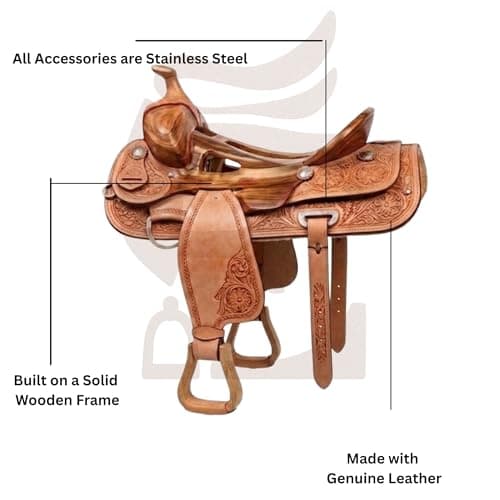 EQUESTROUS Treeless Western Leather Saddle Tack Set - Floral Hand-Tooled Horse Saddle with Matching Headstall & Breast Collar Color (Turquoise, 11" Seat Size) thumbnail 2