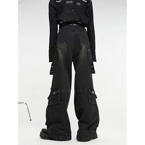 POHADON Baggy Cargo Pants for Women Loose Fit Straight Wide Leg Denim Jeans Pants Y2k Emo Clothes Hip Hop Streetwear thumbnail 5