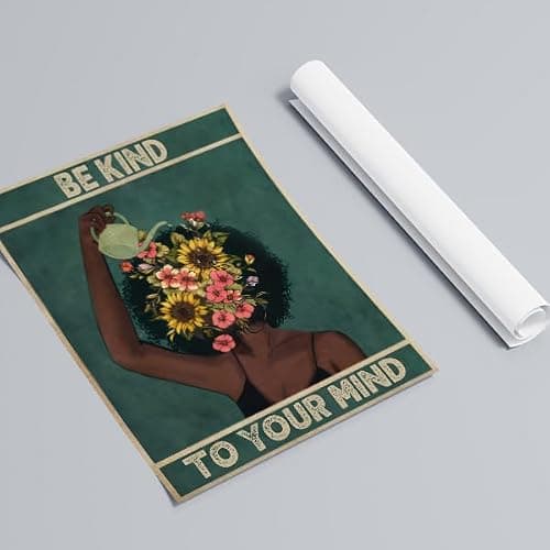 Be Kind To Your Mind Canvas Wall Art, Inspirational Quote Office Poster, Emerald Green Woman and Flowers Poster Print, Positive Affirmations Mental Health Wall Decor for Bedroom 12x16in Unframed thumbnail 2