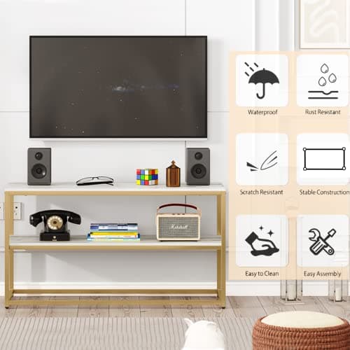 Function Home TV Stand for TVs up to 50 Inch, 3 Tier Entertainment Center, Modern TV Cabinet with Marble Top and Gold Metal Base, 42" Media Console Table with Storage for Living Room Bedroom - 42" Gold thumbnail 8