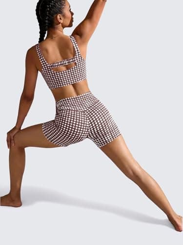 Aoysky Womens Workout Gingham 2 Piece Outfits Padded Open Back Crop Tank High Waist Sports Shorts Sets Casual Yoga Matching Sets thumbnail 5