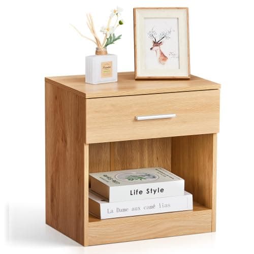 Karl home Bedside Table for Bedroom, Modern Natural End Table with 1 Drawer & Shelf, Wood Nightstand for Bedroom, End Table for Living Room near Sofa, Side Table, Metal Handle thumbnail 6