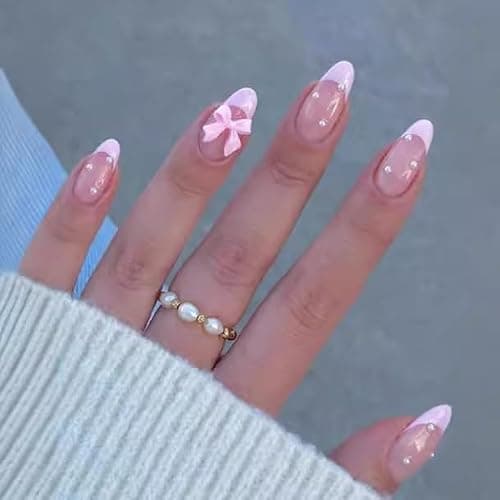 24Pcs Pink French Tip Press on Nails Almond Fake Nails with Bow Pearl Design Cute French False Nails Glossy Full Cover Artificial Acrylic Stick on Nails for Women Manicure Nail Decoration 24Pcs - Image 1