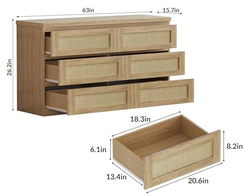 GarveeHome Rattan Dresser for Bedroom with 6 Drawers, 47 in Modern Farmhouse Wide Chest of Drawers, Wood Storage Cabinet Organizer for Closet, Living Room, Hallway thumbnail 2