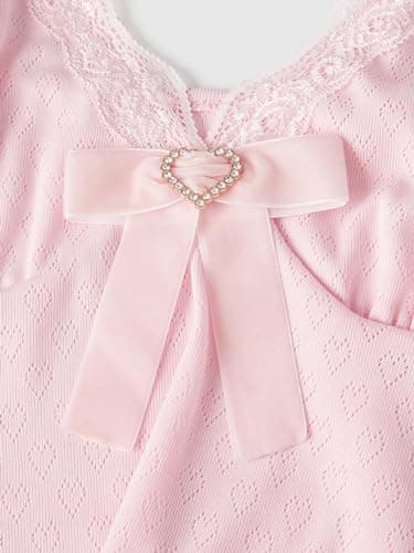 SHENHE Women's Y2K Lace Cami Coquette Bow Babydoll Top Heart Eyelet Cute Camisole Tank Top Pink Small thumbnail 4