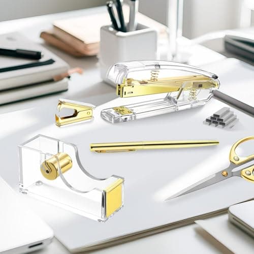 Acrylic Gold Tape Dispenser Gold Desktop Stapler Set, Office Supplies Includes Staple Remover, Tape Dispenser, Binder Clips, Paper Clips, Ballpoint Pen, Scissor, 1000pcs Staples Desk Accessory Kit thumbnail 2