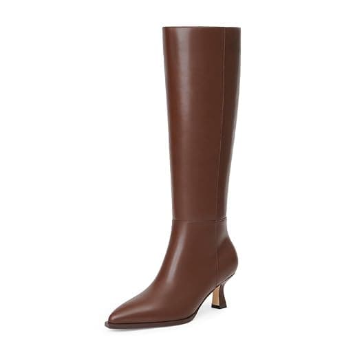 Modatope Knee High Boots Kitten Low Heel Faux Leather Pointed Toe Side Zipper Fall Long Tall Boots for Women - Image 1