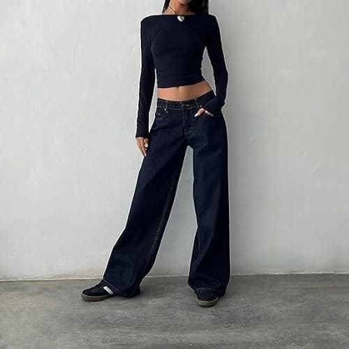 Sawmew Damen Y2K Low Rise Baggy Jeans Weites Bein Loose Fit Boyfriend Straight Leg Trendy Stretch Denim Hose Streetwear thumbnail 2