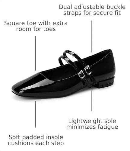 IDIFU Ballet Flats Square Toe Mary Jane Flat Shoes for Women | Double Strap Closed Toe Ballerina Flat Dress Shoes, Comfortable Casual Formal Work Office Business Cute Fashion Dressy Flats thumbnail 3