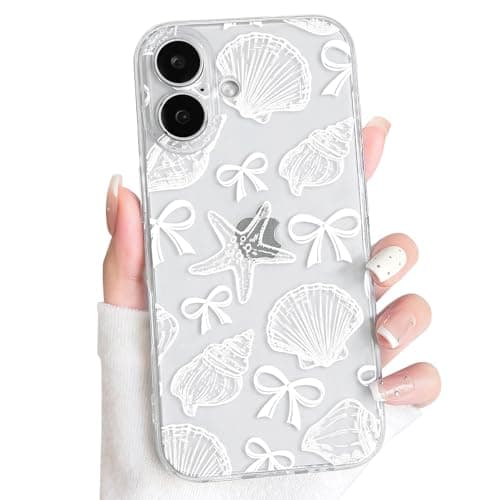 NITITOP Compatible with iPhone 17 Case Clear Cute Shell Whale Sea Ocean Animal Pattern for Women Girls Full Camera Lens Slim Shockproof Protective Phone Cover - White Bowknot - Image 1