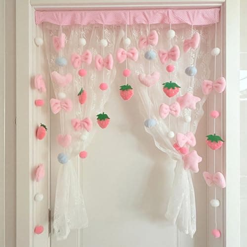 Kynthyre Cute Plush Curtain for Door Window Wall 33" W x 37" L Self-Adhesive Pink Strawberry Kawaii Curtain for Living Room and Bedroom Decor - Image 1