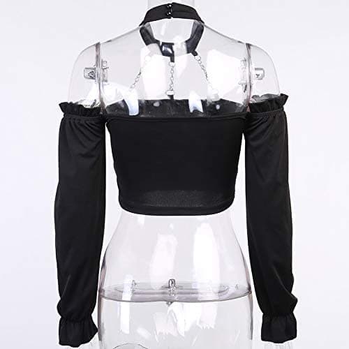 Dark Punk Crop Top with Chains Women Punk Off Shoulder Hollow Out Solid Backless Long Sleeve Tops thumbnail 5