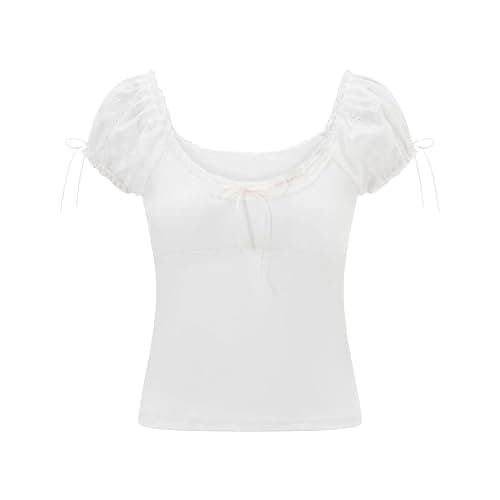 Women Fairy Grunge Y2k Shirts Square Neck Lace Patchwork Tops Aesthetic Clothes - X-Small - A3 White thumbnail 5
