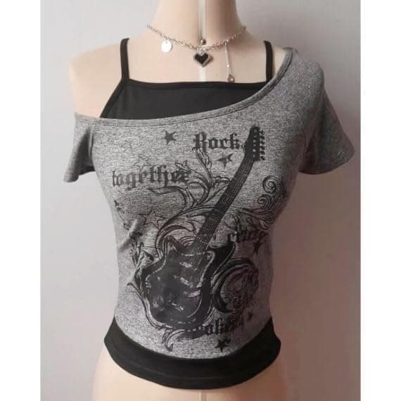 Women's Emo Grunge T-Shirt - Vintage Y2K Mock Two-Piece Guitar Graphic Baby T-Shirt, Gothic Aesthetics Short Sleeve Off Shoulder Crop Top, Retro Street Trend Punk Summer Harajuku Style thumbnail 6