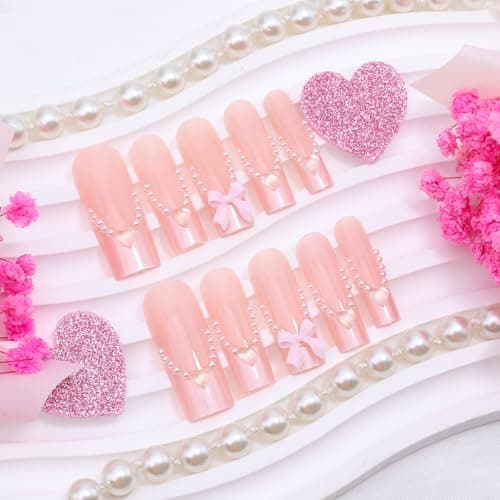 24Pcs Pink French Tip Press on Nails Long Square Fake Nails with 3D Bow Heart Glue on Nails Valentines False Nails Glossy Nude Pink Stick on Nails Cute Bow Acrylic Nails for Women Daily Wear Manicure thumbnail 2