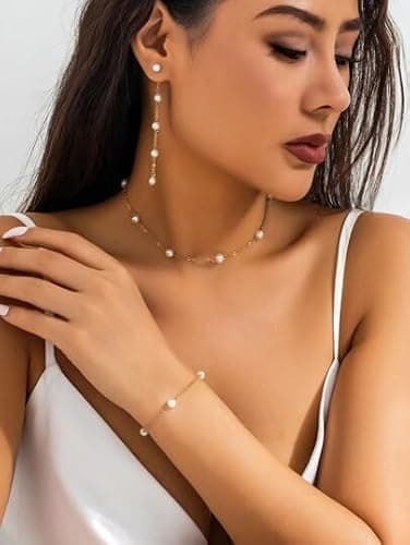 Trinckle Pearl Earrings for Women, Gold Pearl Drop Floral Earrings for Grils Boho Silver Dangle Earring, White Bridal Dangling Earings for Wedding Graduation, Bow Prom Jewelry Bridesmaid Accessories thumbnail 7
