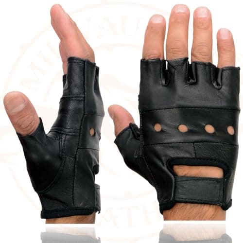 Milwaukee Leather SH216 Men's Black Leather Gel Padded Palm Fingerless Motorcycle Hand Gloves W/Breathable ‘Open Knuckle’ - Medium thumbnail 3