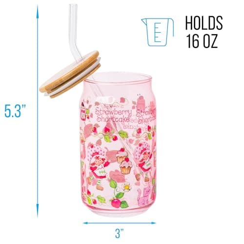 Silver Buffalo Strawberry Shortcake Berry Print Glass Tumbler with Bamboo Lid and Glass Straw Featuring Strawberry Shortcake and Custard, 16 Ounces thumbnail 2