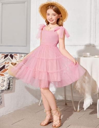 Arshiner Girls Dresses Summer Sleeveless Bow-Tie Straps Formal Fancy Party Birthday Tulle Dress Light Pink Tween 10-11 Years thumbnail 9