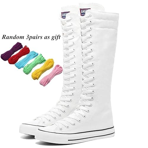 rismart Women's Tall Canvas Boots Knee Length Lace Up Punk Dancing Sneakers White, 8 thumbnail 3