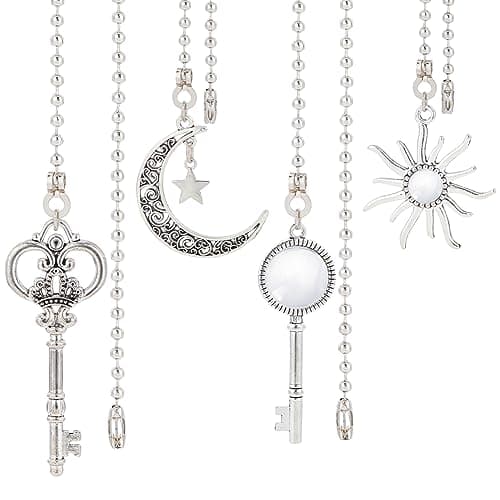 BENECREAT 4Pcs Alloy Ceiling Fan Pull Chain Extenders, Key Star and Moon Ceiling Fan Extension with Stainless Steel Ball Chain for Ceiling Light Fans Lamps and Wall Lights