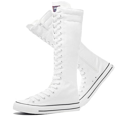rismart Women's Tall Canvas Boots Knee Length Lace Up Punk Dancing Sneakers White, 8 - Image 1