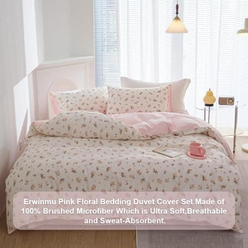 Erwinmu Floral Duvet Cover Set Twin Size,Pink Floral Flowers Bedding Duvet Cover with Zipper Closure,Reversible Comforter Duvet Cover and 1 Pillowcase thumbnail 7