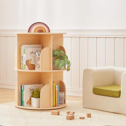 OOOK 2 Tier Rotating Bookshelf, Small Corner Bookshelf Floor Standing Wooden Narrow Bookcase Organizer for Kidsroom, Bedroom, Living Room thumbnail 9