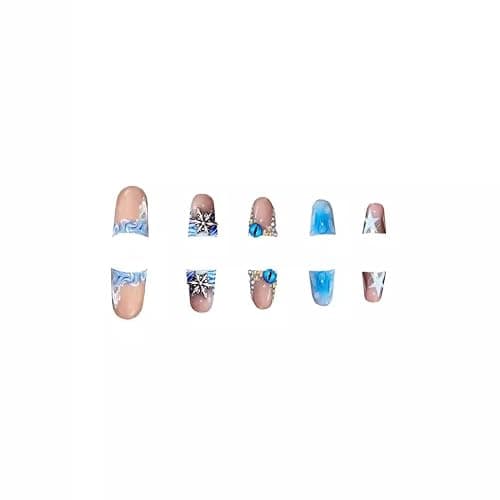Blue Duck Nail Press ons Star Fake Nails Water Drop with Design Spindrift Glue on Nails French Tip Press on Nails Glossy Artificial Acrylic Nail Eye Rhinestone Stick on Nail for Women Manicure 24Pcs thumbnail 3