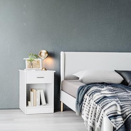FOTOSOK Nightstand, 2-Tier Side Table with Drawer and Storage Shelf, Bedside Table End Table, Modern Night Stand for Bedroom, Home Office, White thumbnail 6
