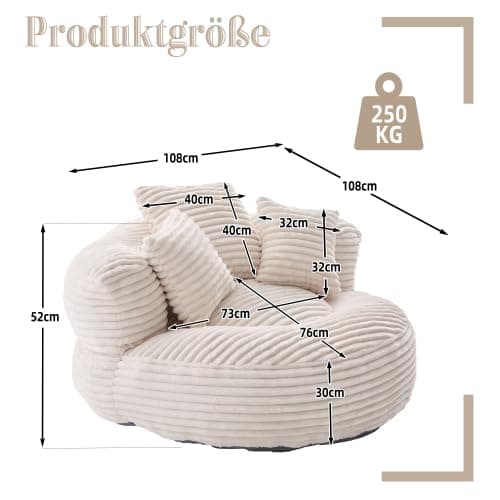 Soweiz Sofa Durable Comfort Lounger High Back Bean Bag Chair Sofa with Three Cushions for Adults and Kids, Single Gaming Couch Chair for Bedroom, Office (Corduroy Fabric Beige) thumbnail 2