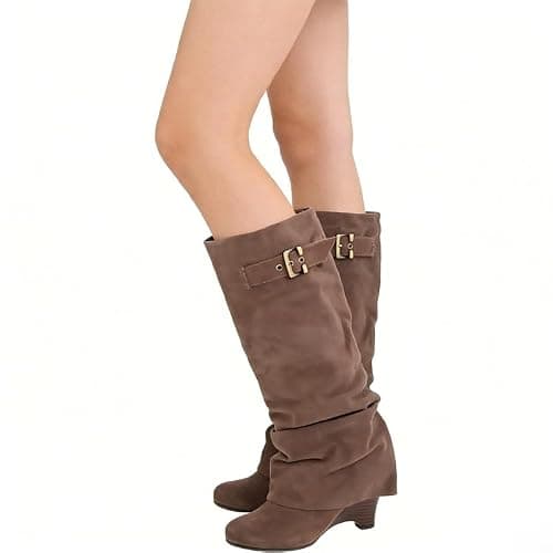 onlymakerheels Slouchy Wedge Suede Boots Fold Over Knee High Pull On High Heels thumbnail 7