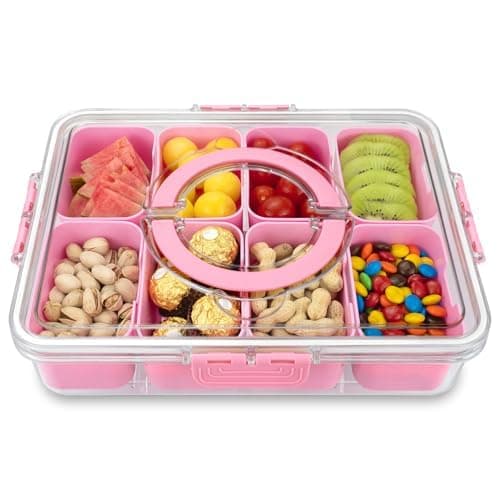 Divided Serving Tray with Lid and Handle, 8 Compartments Snack Box, Portable Platter for Candy Fruits Nuts, Snack Party Entertaining Picnic - Pink 2 - Image 1