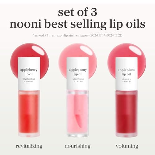 NOONI Korean Lip Oil Set - Appleberry, Applepeony & Appleplum - Long-Lasting, Moisturizing, Revitalizing - Waterproof, No Peel Off, Stocking Stuffers (3EA, 0.12 fl oz) thumbnail 3