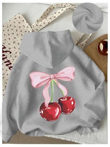 WDIRARA Girl's Cherry Graphic Hoodie Long Sleeve Hooded Sweatshirt Cute Pullovers Tops Grey 12Y thumbnail 4