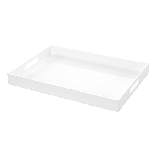 White Rectangular 14x20 Inches Acrylic Ottoman Tray Decorative Serving Tray with Cutout Handles Organizer Tray on Coffee Table Countertop Big Breakfast Bed Tray Living Room Appetizer Serving Food - Image 1