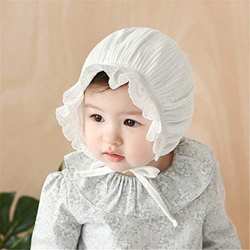 Baby Girl Cotton Muslin Bonnet - Vintage Ruffle Lace Newborn Sun Hat Adjustable Chin thumbnail 2