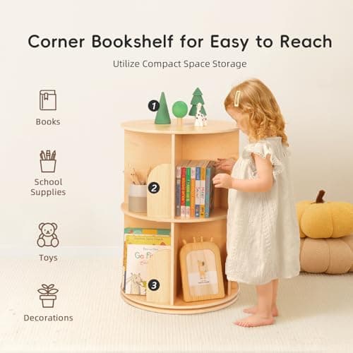 OOOK 2 Tier Rotating Bookshelf, Small Corner Bookshelf Floor Standing Wooden Narrow Bookcase Organizer for Kidsroom, Bedroom, Living Room thumbnail 5