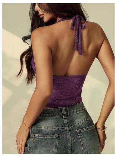 RoseSeek Women's Floral Lace Deep V Neck Halter Tops Y2K Backless Going Out Crop Tank Top Purple Petite-XL thumbnail 2