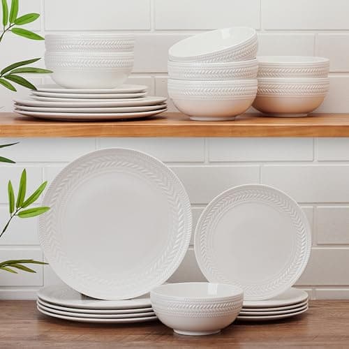 Pfaltzgraff Josephine 24-Piece Dinnerware Set, Porcelain Dish Set with Embossed Basket Weave Design, Service for 8, White Plates and Bowls Sets, Microwave and Dishwasher Safe thumbnail 4