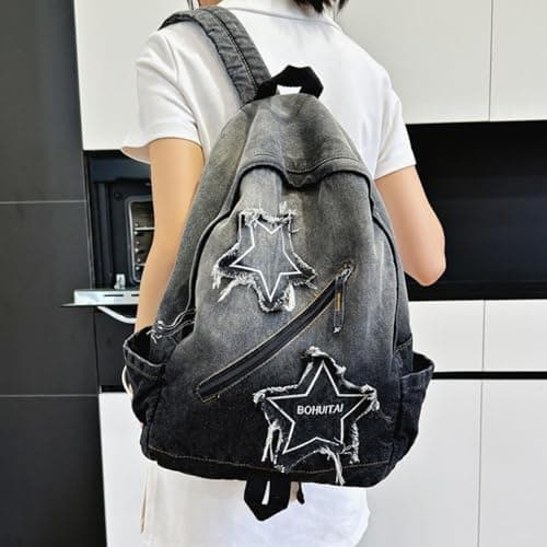 BLUEGALA Y2K Star Backpack,Grunge Goth Denim Bookbag,Punk Emo Backpack for Men and Women, Unique Gothic Fashion Backpack for Daily Use (Black) thumbnail 5