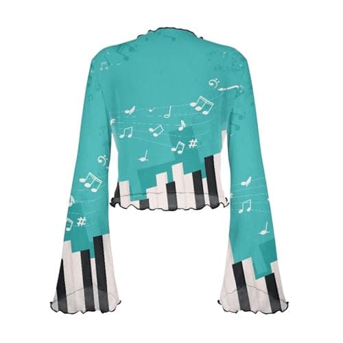 POLERO Musical Note Piano Tops for Music Lovers Teachers Womens Sheer Tops Bell Long Sleeve Mock Neck Crop Shirts Size XL thumbnail 2