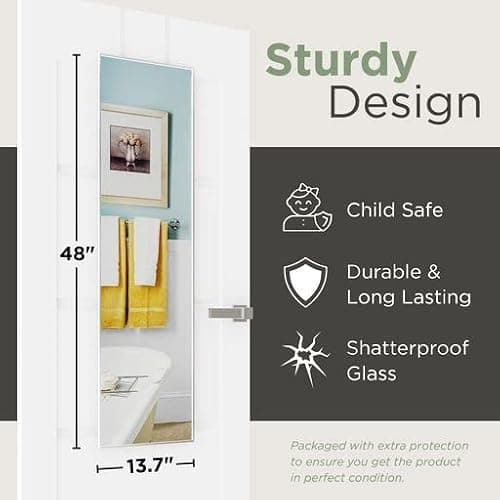 Mirrotek - Full Length Adjustable Over The Door Mirror Siver Aluminum Finish - Hanging Mirror Full Length - Silver thumbnail 2