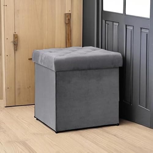 B FSOBEIIALEO Storage Ottoman Cube, Velvet Tufted Folding Ottomans with Lid, Footstool Rest Padded Seat for Bedroom (Grey, Medium) thumbnail 6