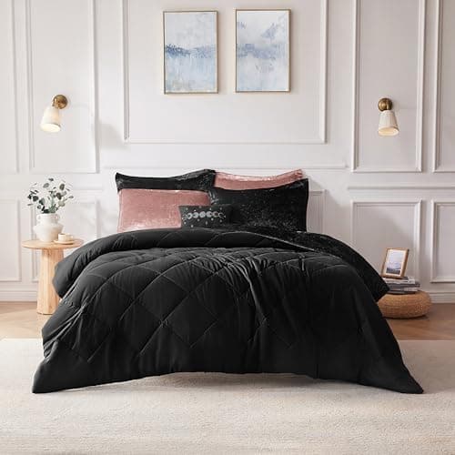 Intelligent Design Queen Duvet Cover Set, Velvet Queen Duvet Set, Luxury Diamond Quilting Black Duvet Cover, Fluffy Duvet Cover with Decorative Pillow and 2 Shams, 4 Pieces, Black, Full/Queen thumbnail 2